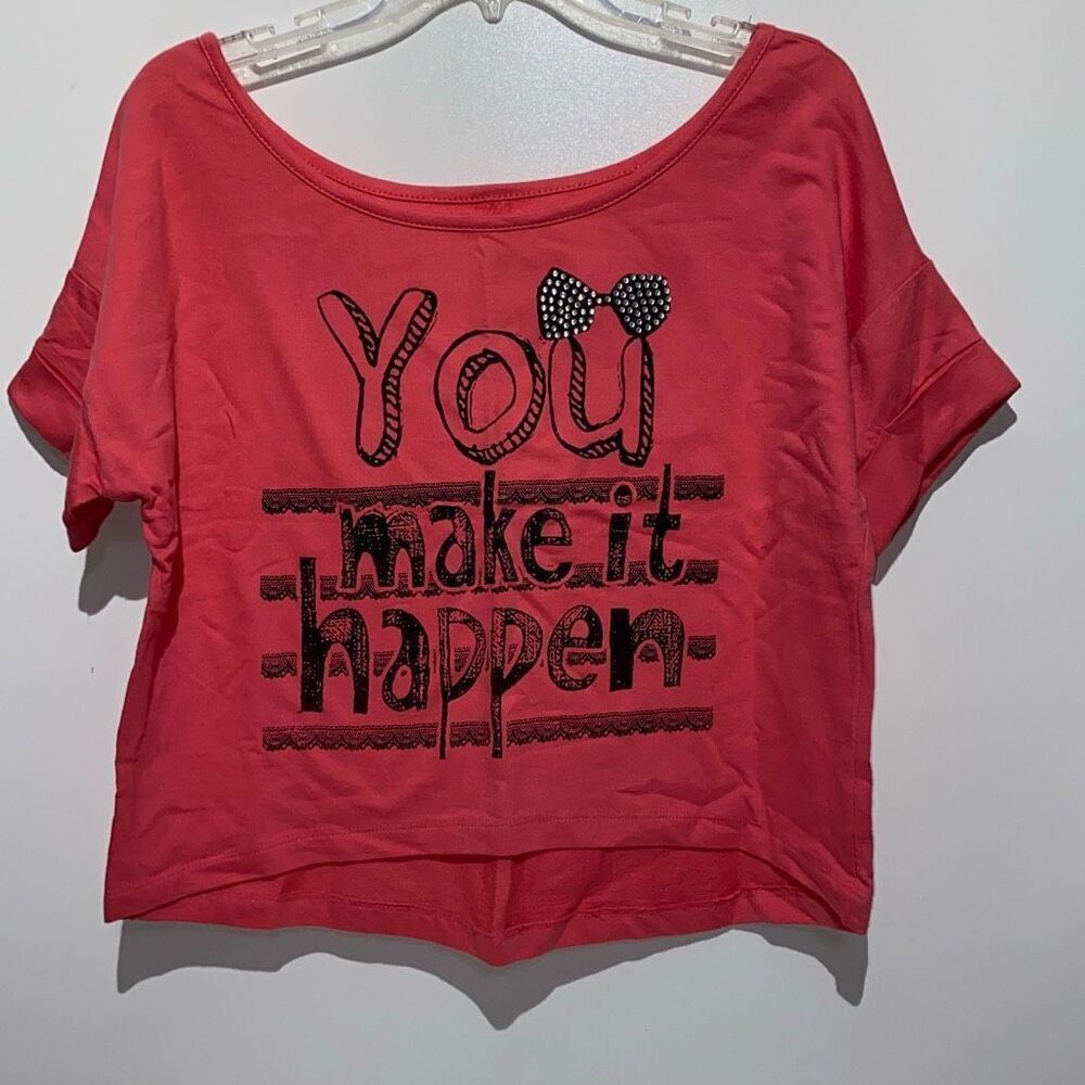 Electric Pink You Make It Happen Graphic Crop‎ Top Coral Rhinestone Bow Medium